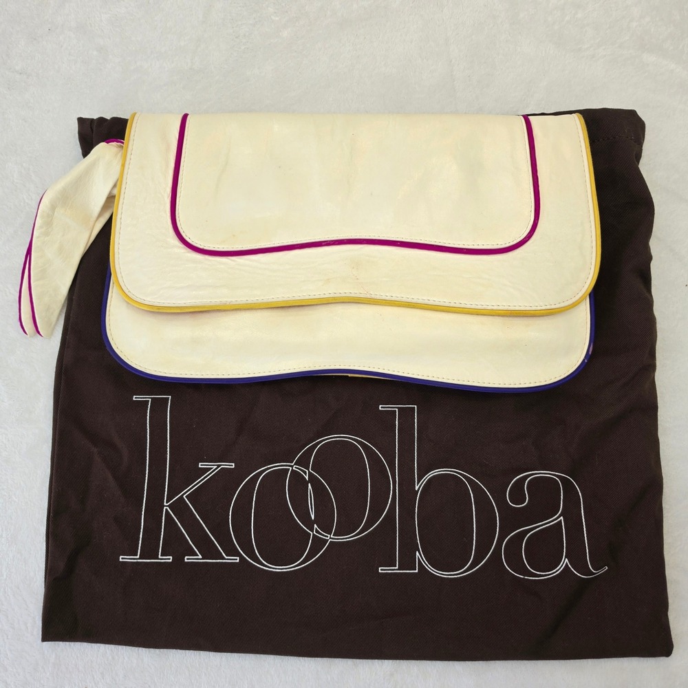 Kooba Leather Oversized Clutch Bag Cream with Multicolor Piping Wristlet Strap